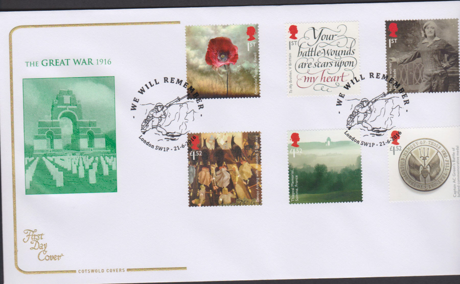 2016 - The Great War 1916, COTSWOLD First Day Cover, Centenary of World War I, London SW1P Postmark
